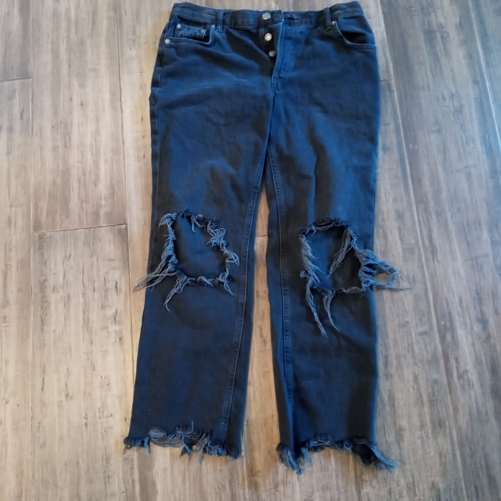 Free People Jeans Black High Rise Destressed Waist 27